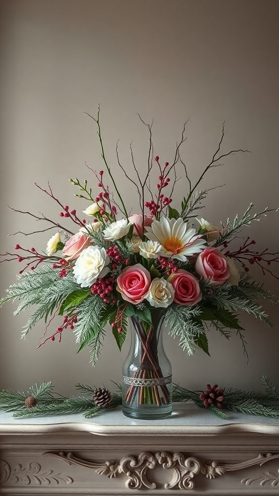 A beautiful winter floral arrangement with pink and white flowers, greenery, and pinecones on a mantle.