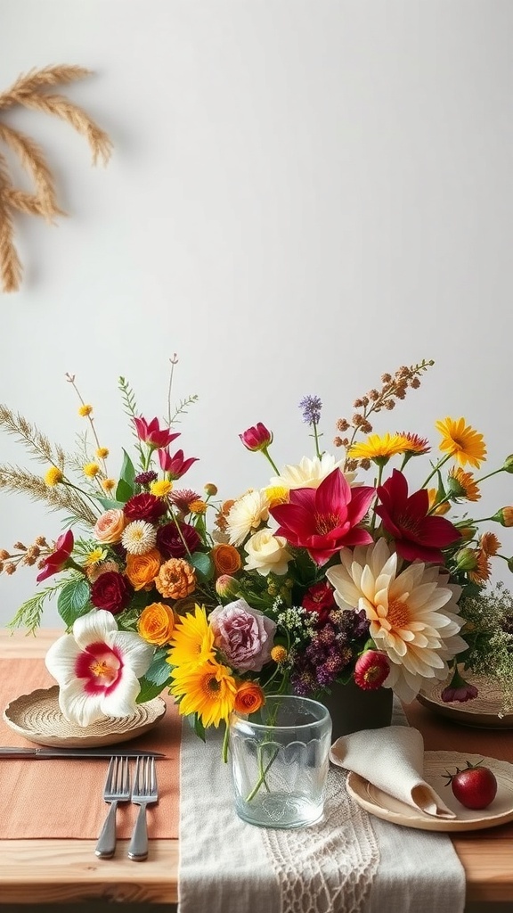 A colorful seasonal floral arrangement on a rustic table setting.
