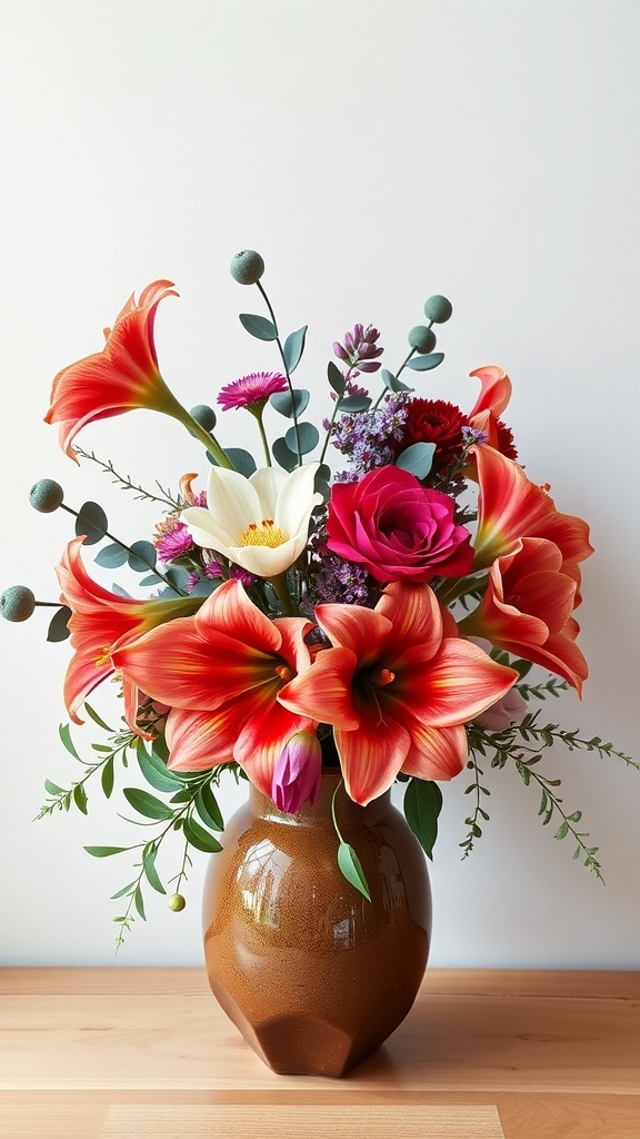 A vibrant floral arrangement featuring amaryllis, roses, and greenery in a brown vase.