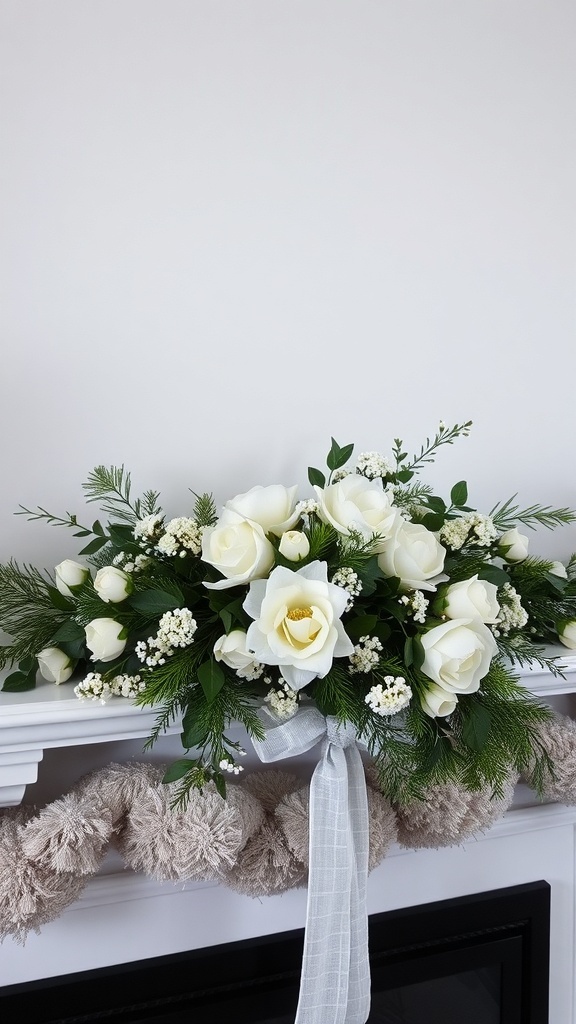 Winter floral arrangement with white roses and greenery on a fireplace mantle