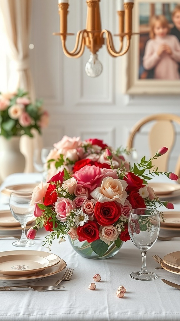 A beautifully arranged table with seasonal floral arrangements featuring red and pink roses.