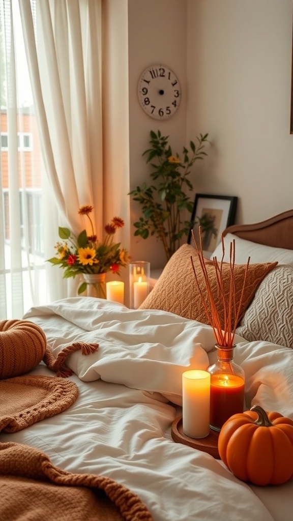 A cozy fall bedroom with candles, pumpkins, and warm blankets.