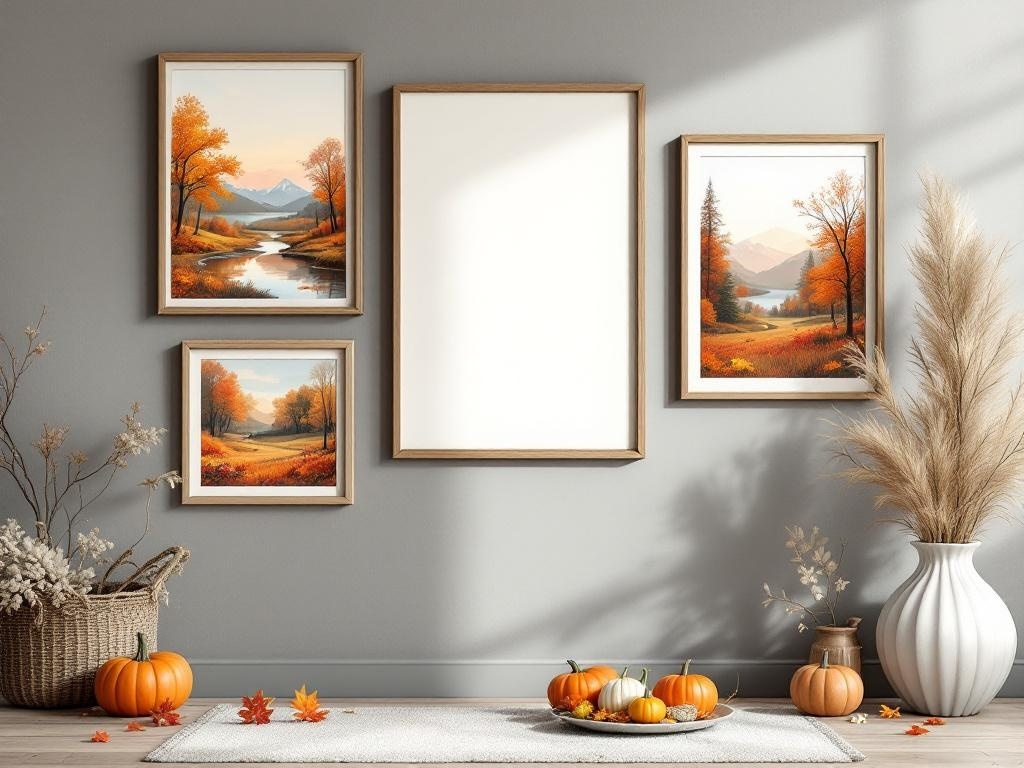 A wall with seasonal framed artwork depicting autumn landscapes, featuring warm colors and a cozy decor setup.