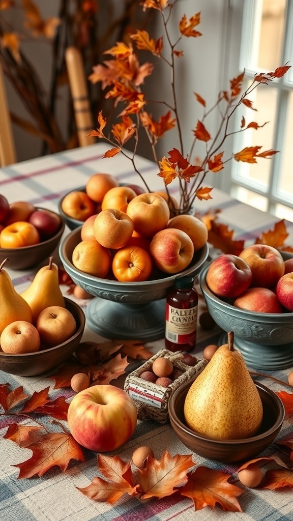 A fall table featuring bowls of apples and pears, surrounded by autumn leaves.