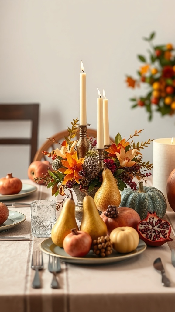A Thanksgiving table setting featuring seasonal fruits like pears, pumpkins, and pomegranates, along with candles and floral accents.