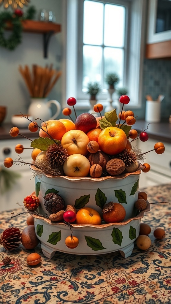 A decorative arrangement of seasonal fruits and nuts in a tiered display.