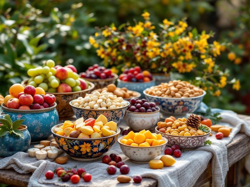 A variety of colorful fruits and nuts displayed in bowls outdoors, surrounded by flowers.