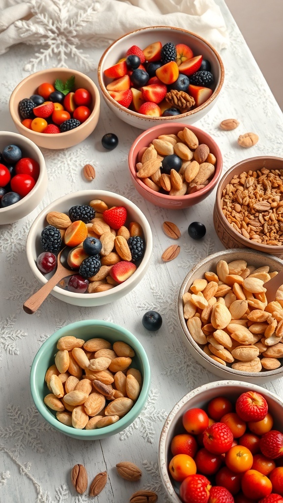 A variety of bowls filled with seasonal fruits and nuts on a winter-themed table.