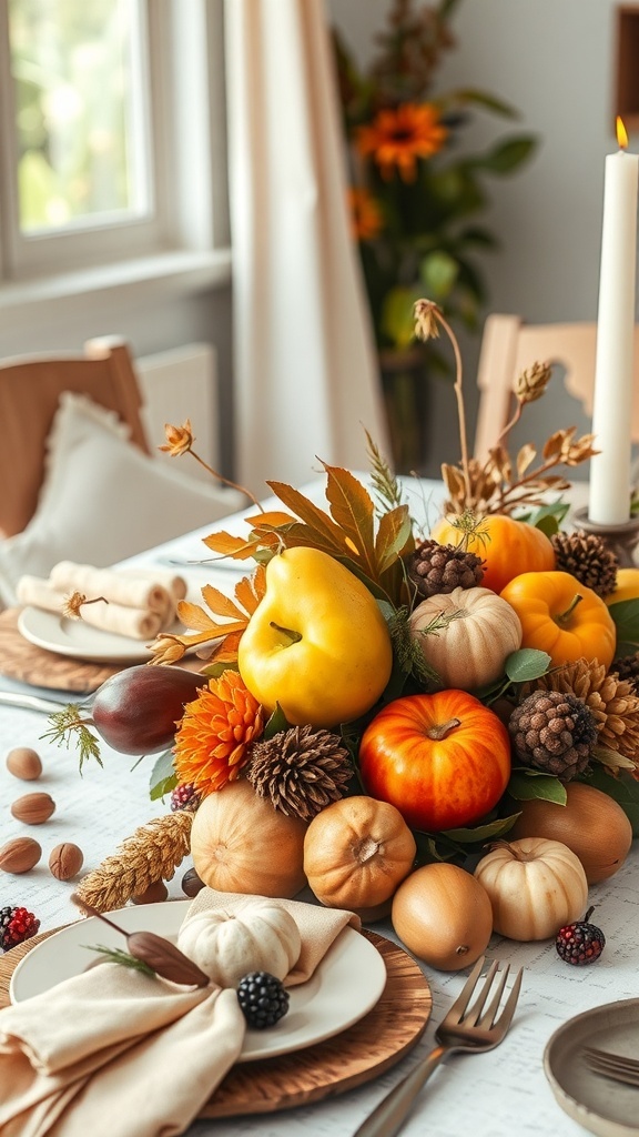 A beautiful fall centerpiece featuring pumpkins, gourds, nuts, and autumn leaves on a dining table.