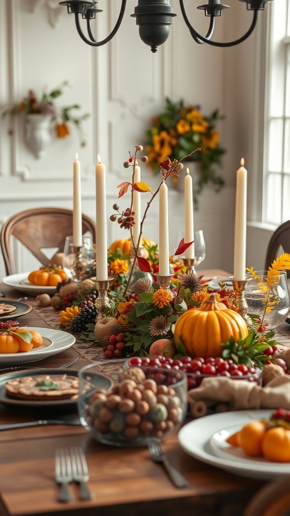 A beautifully arranged Thanksgiving table featuring seasonal fruits, nuts, and candles.