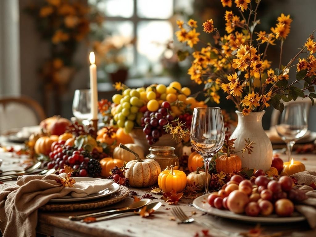 A beautifully arranged Thanksgiving table featuring seasonal fruits, pumpkins, and flowers.