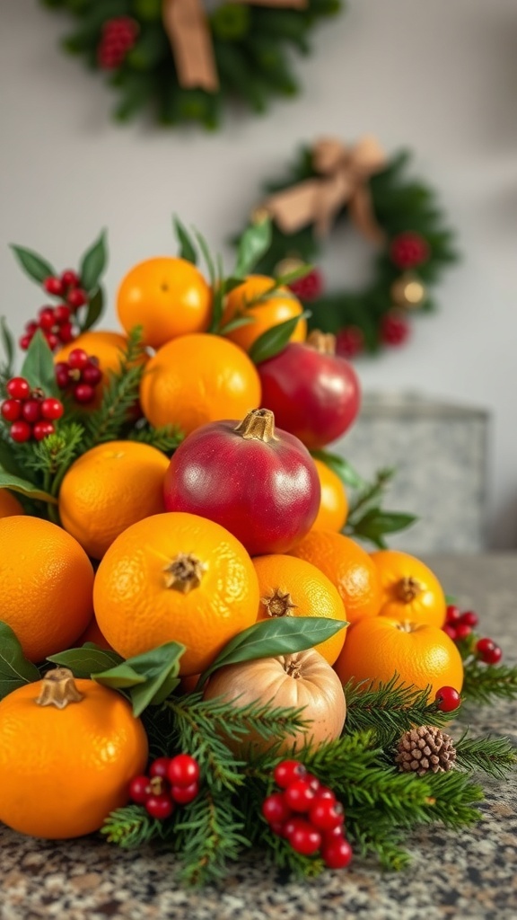 A colorful arrangement of oranges, pomegranates, and greenery on a countertop, with Christmas wreaths in the background.