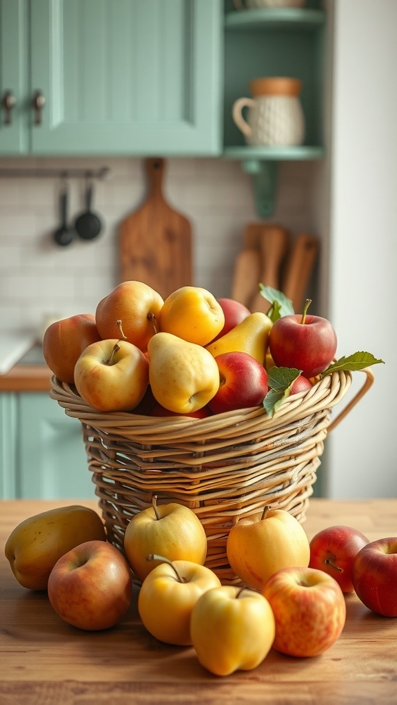 A woven basket filled with colorful apples and pears on a kitchen counter.
