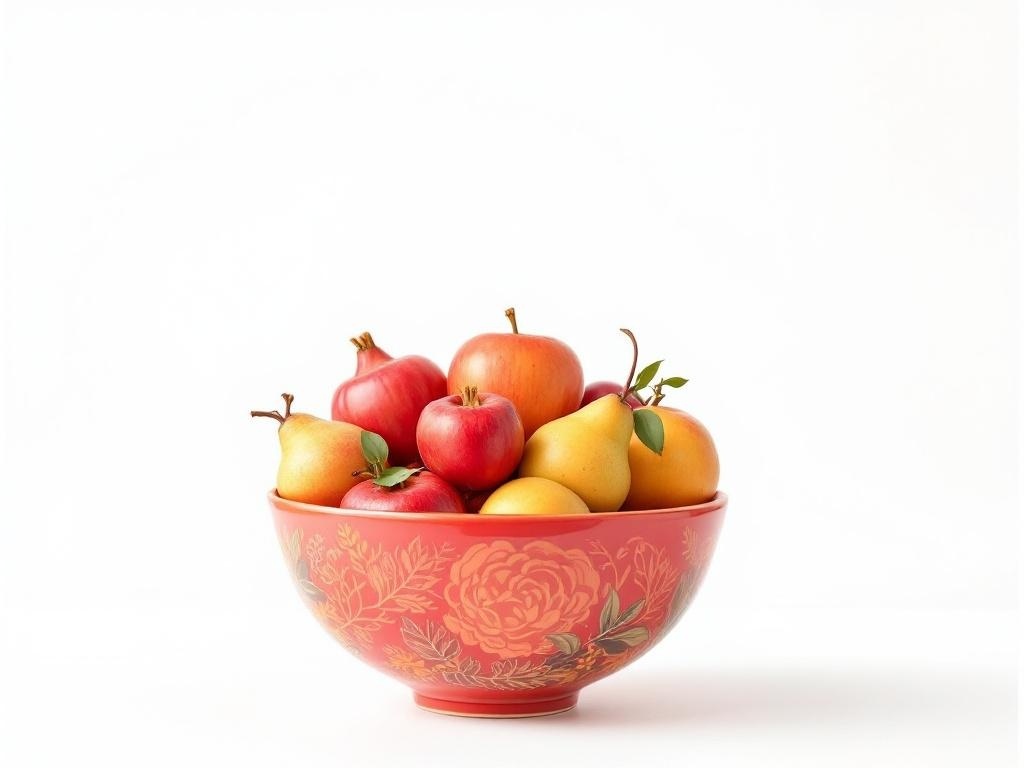 A bowl filled with colorful apples and pears on a white background