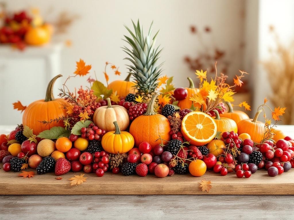 A colorful Thanksgiving centerpiece featuring pumpkins, apples, and seasonal fruits arranged on a wooden tray.