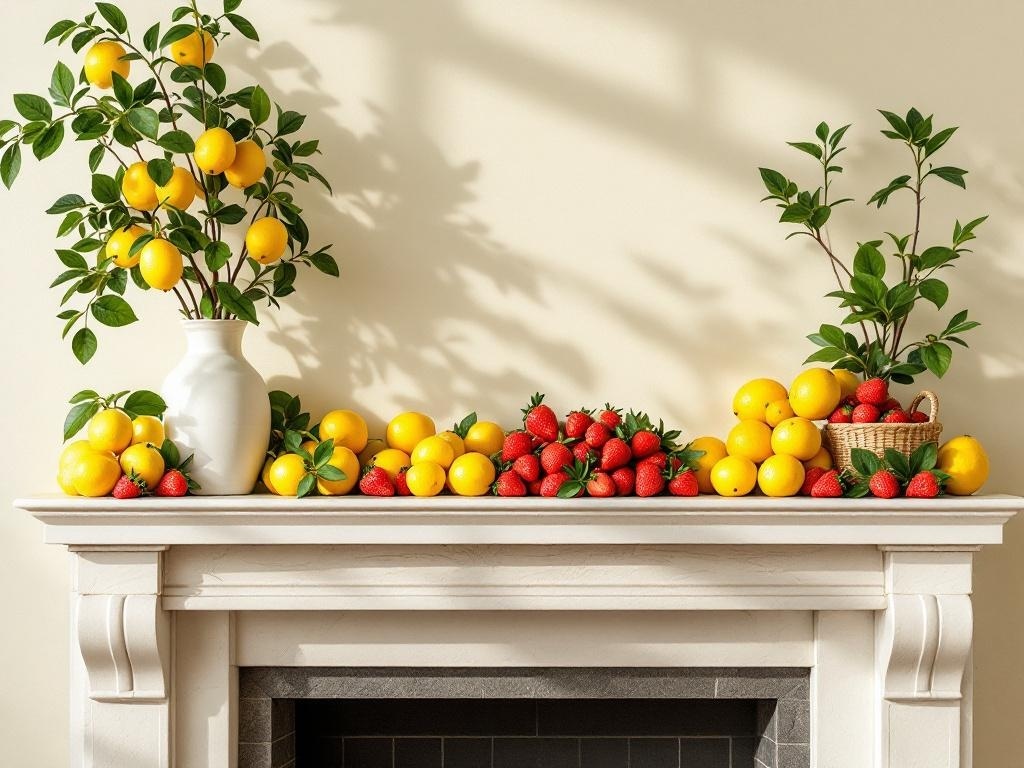 A mantel decorated with lemons and strawberries, featuring a white vase and greenery.