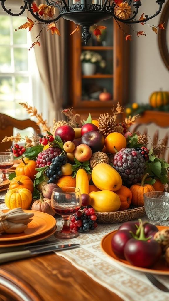 A Thanksgiving table featuring a vibrant fruit display with apples, grapes, pumpkins, and autumn leaves.