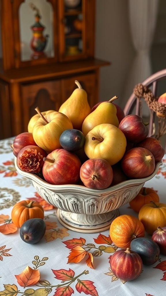 A bowl filled with colorful seasonal fruits including apples, pears, and small pumpkins on a fall-themed table.