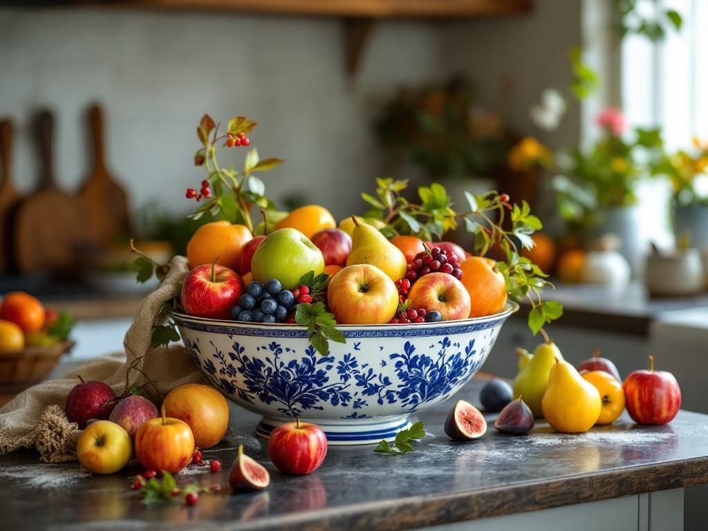 A decorative bowl filled with various seasonal fruits, including apples, pears, and figs, on a kitchen countertop.