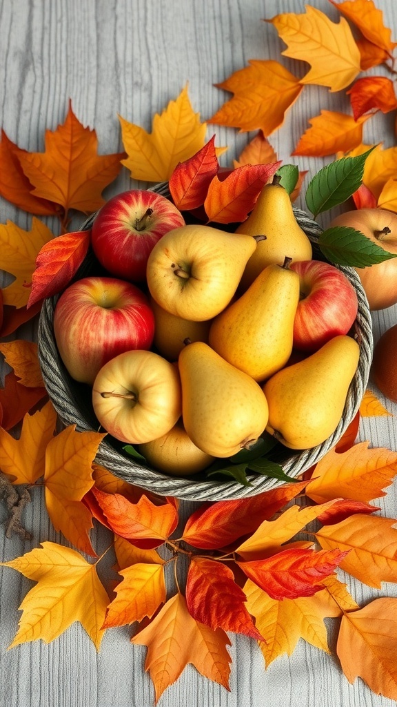 A basket of apples and pears surrounded by autumn leaves
