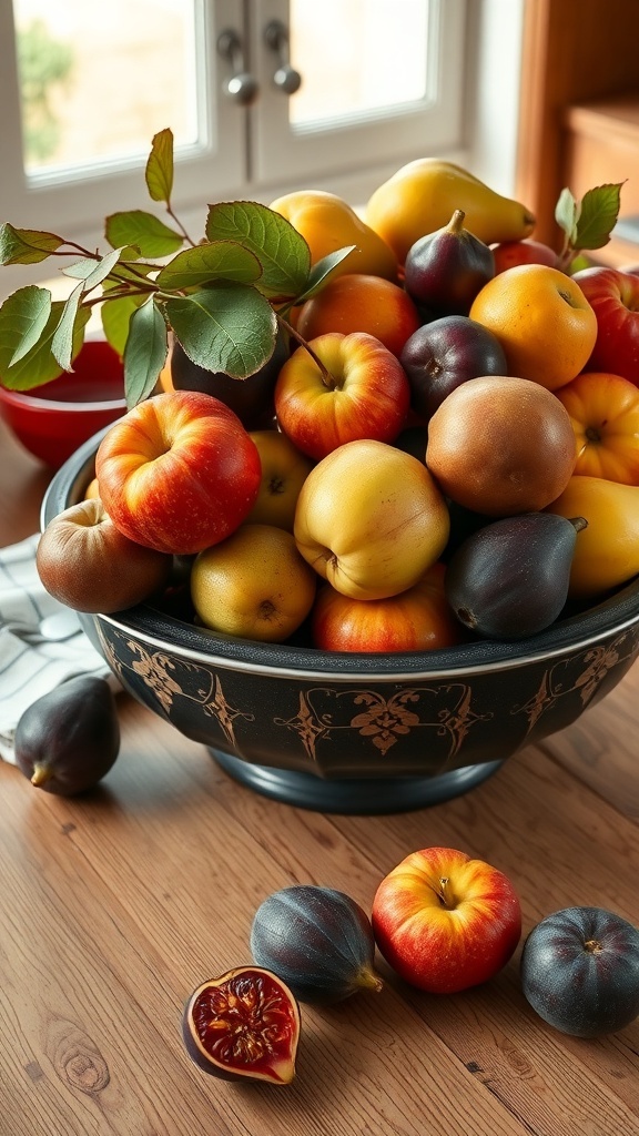 A bowl filled with colorful seasonal fruits including apples, pears, and figs on a wooden table.