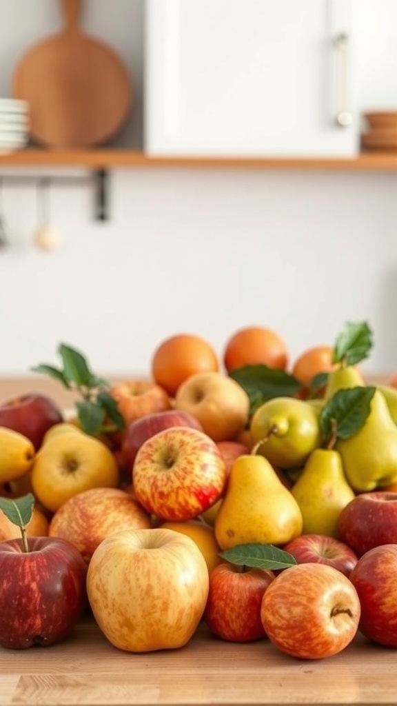 A colorful display of apples, pears, and oranges on a kitchen countertop.