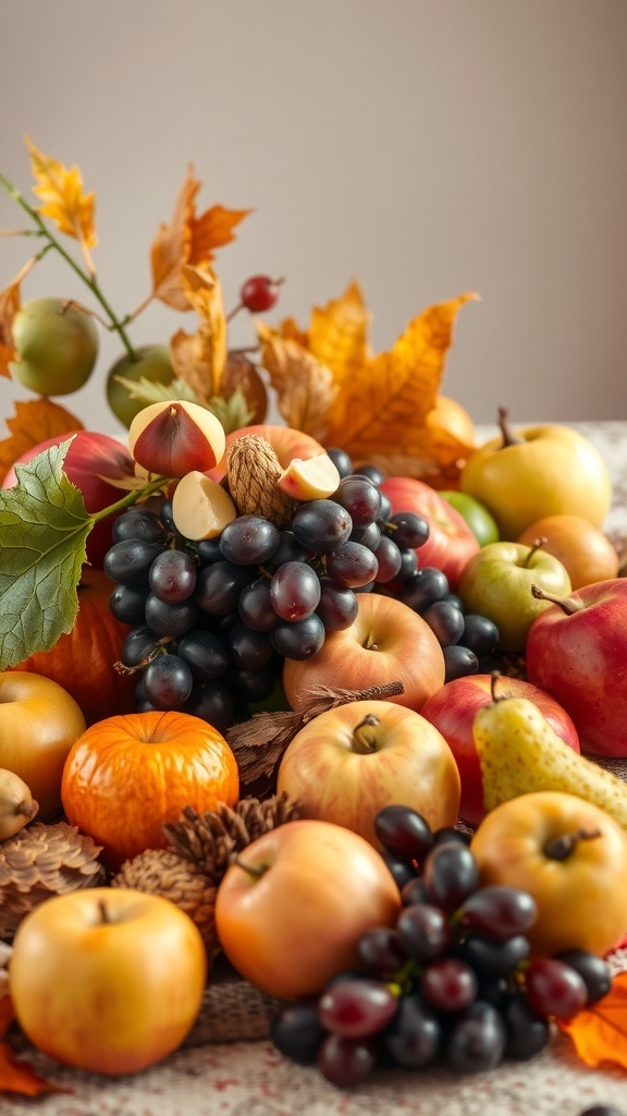 A colorful display of seasonal fruits including apples, grapes, and pumpkins, surrounded by autumn leaves and pine cones.