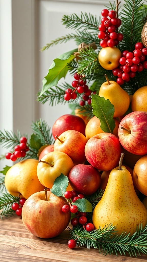 A vibrant display of seasonal fruits including apples, pears, and berries, arranged with greenery.