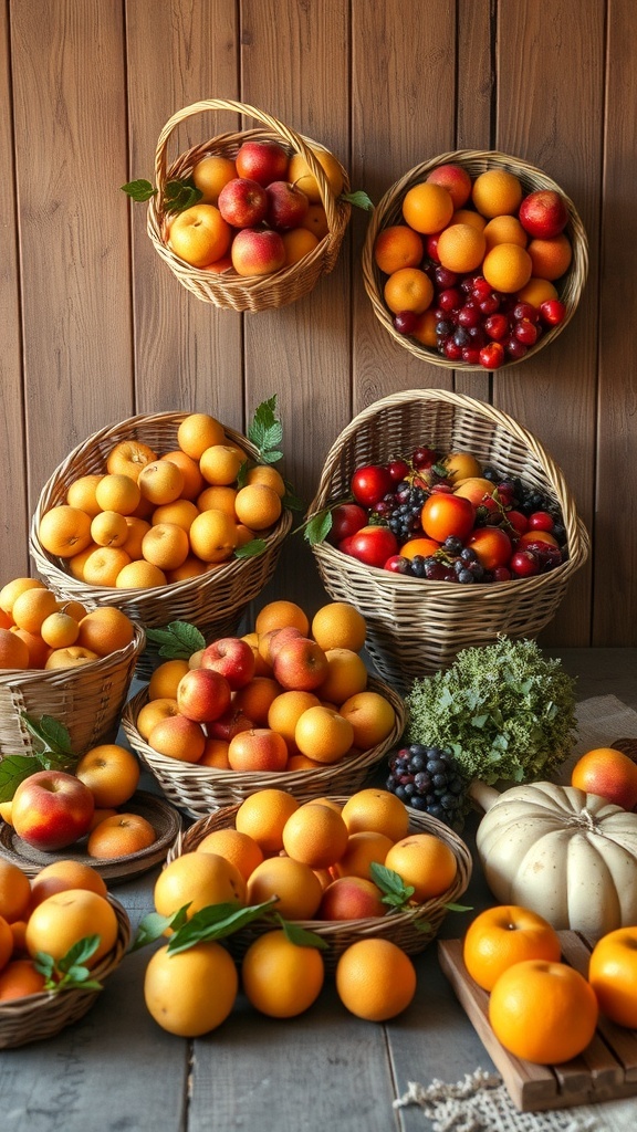 Baskets filled with seasonal fruits including oranges, apples, and grapes on a rustic table.