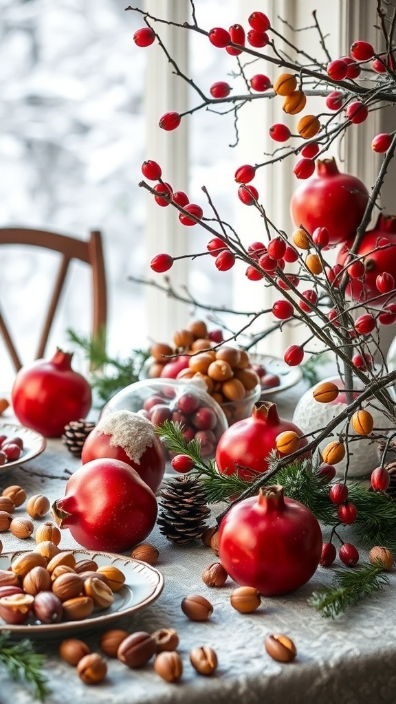 A winter tablescape featuring red pomegranates, nuts, and pinecones on a table.