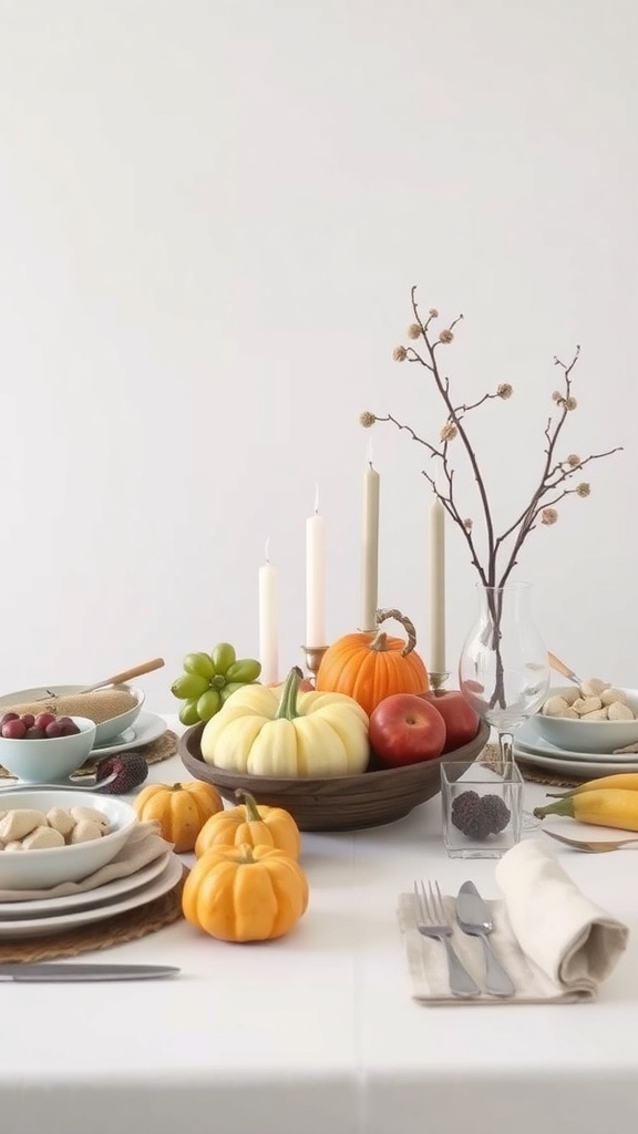 A Thanksgiving table setting featuring seasonal fruits and vegetables, including pumpkins, grapes, and candles.