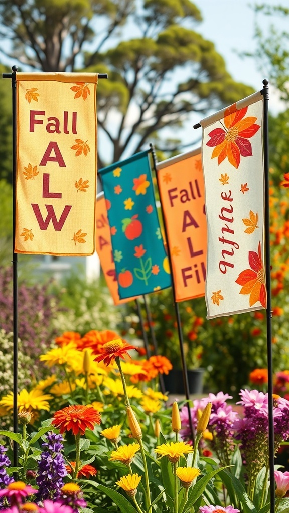 Colorful seasonal garden flags displaying fall themes in a vibrant flower garden.