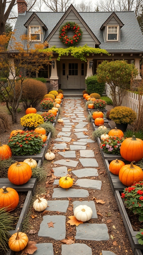 A charming garden pathway lined with pumpkins and flowers leading to a cozy home.