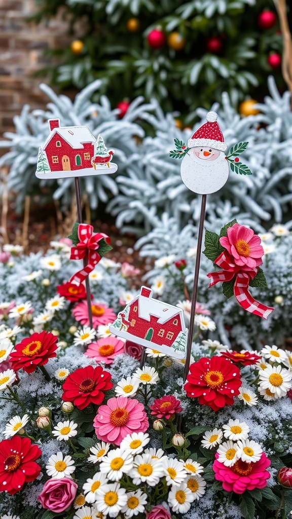 Colorful seasonal garden stakes featuring a snowman and a house among flowers