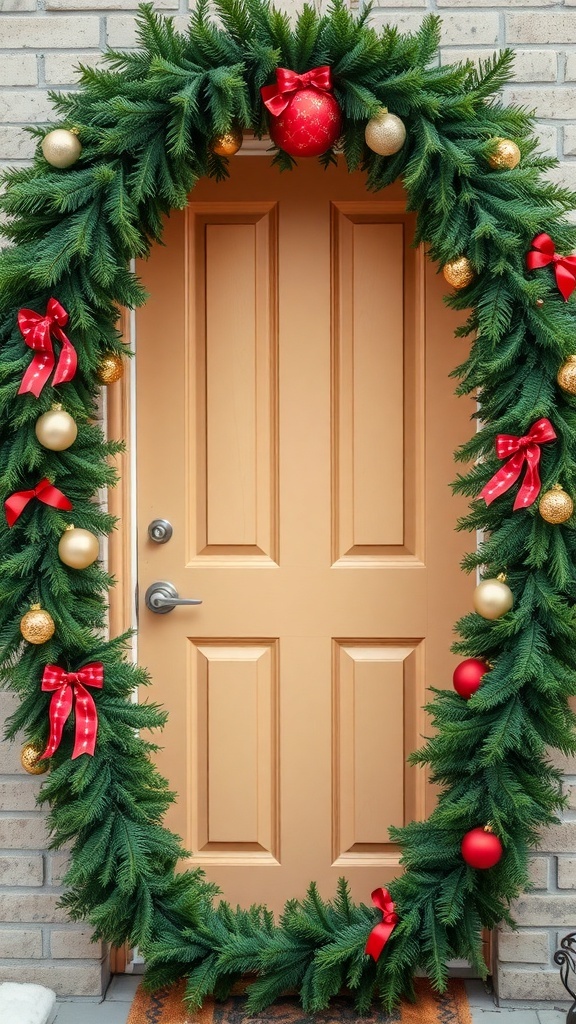 A beautifully decorated front door with a green garland featuring red bows and ornaments.