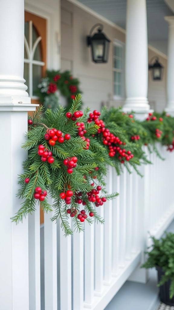 A front porch decorated with evergreen garland and red berries.