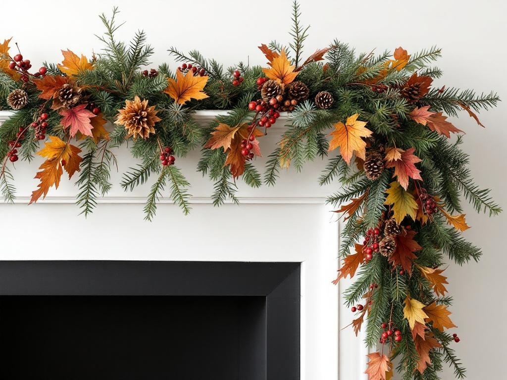 A seasonal garland with autumn leaves and pinecones draped over a fireplace mantel.