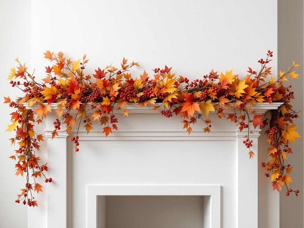 A seasonal garland with autumn leaves and berries on a white mantel.