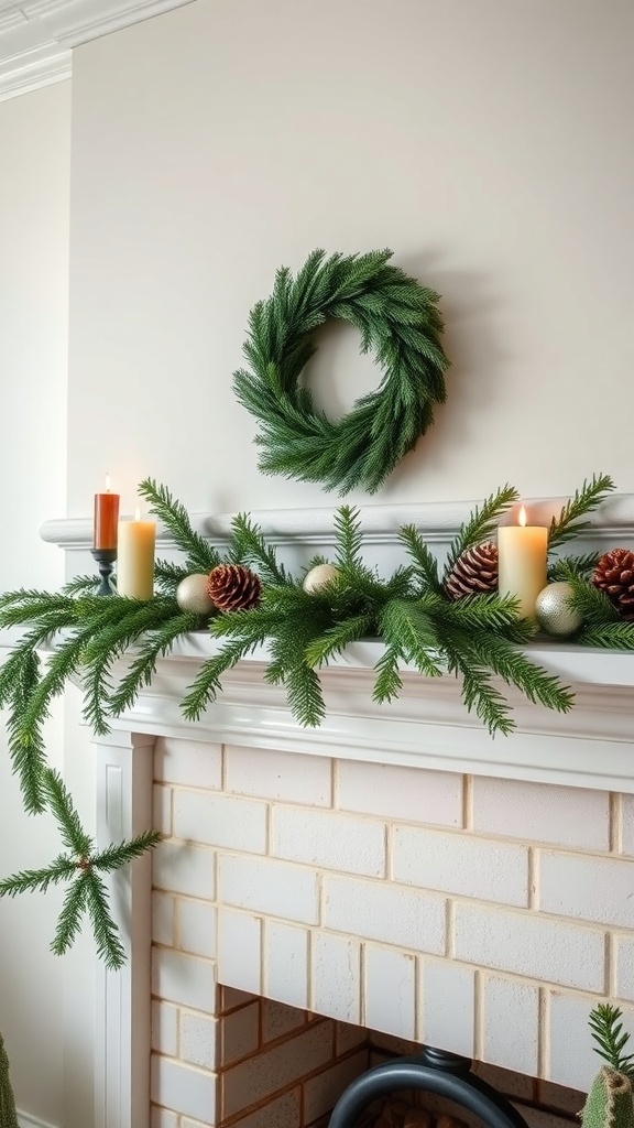 A cozy winter decor featuring a green wreath and candles on a mantel.