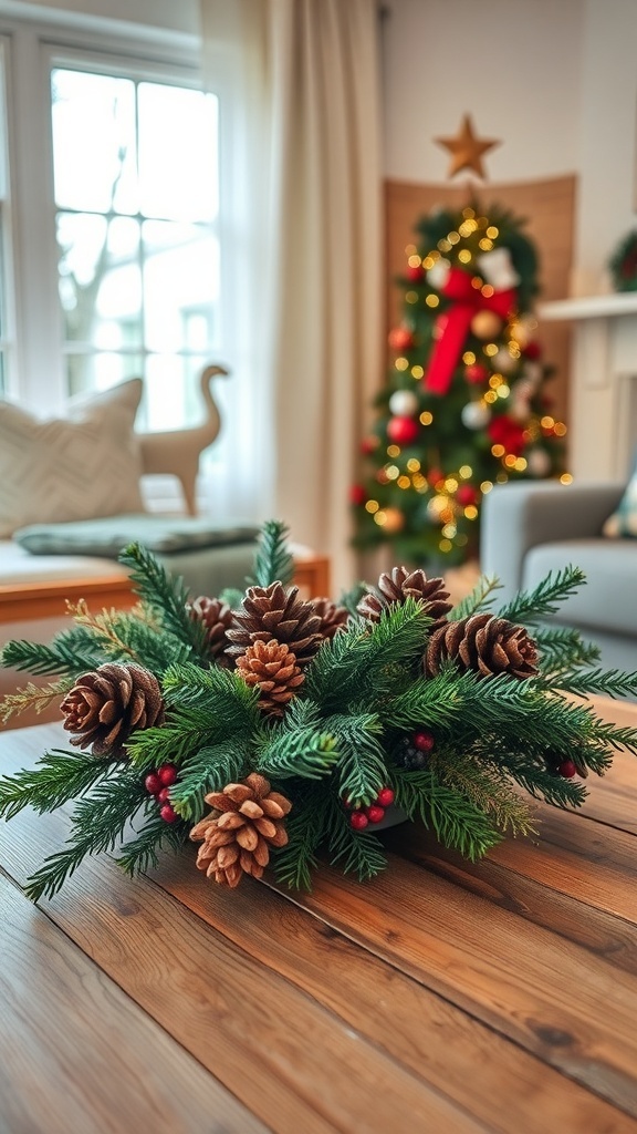A cozy winter arrangement featuring pinecones and greenery on a wooden table.