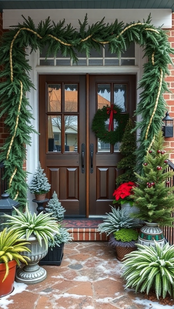 A winter porch decorated with evergreen garlands, wreaths, and colorful potted plants.