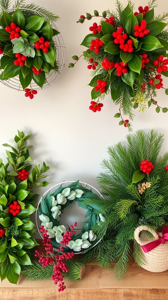 A display of winter greenery with red berries and leaves in various arrangements.