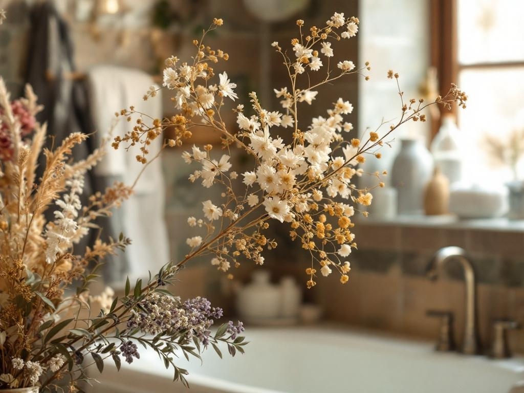 A beautiful arrangement of dried flowers in a bathroom setting, featuring soft white blooms and golden accents.