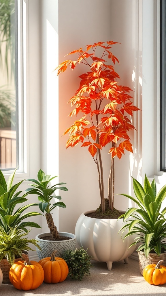 A cozy corner with an orange-leaved tree, green plants, and pumpkins, showcasing fall decor.