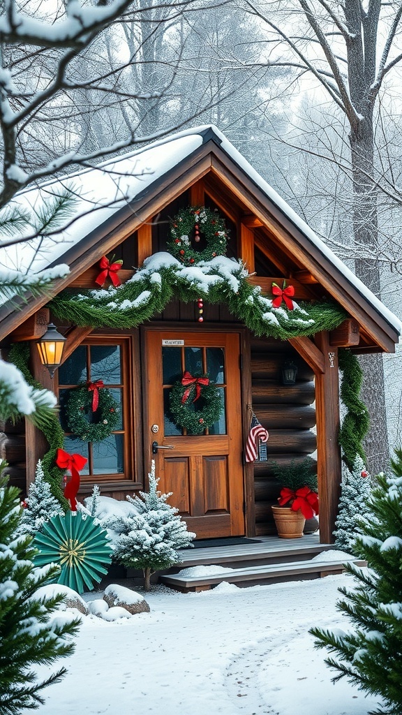 A cozy winter cabin decorated with wreaths and garlands, surrounded by snow.
