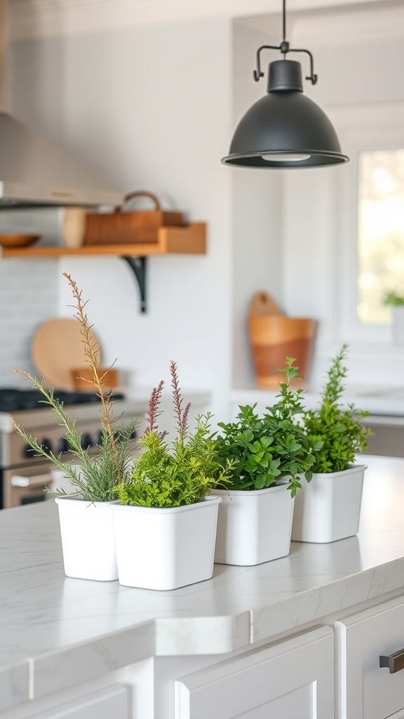 White planters with seasonal herbs on a kitchen island
