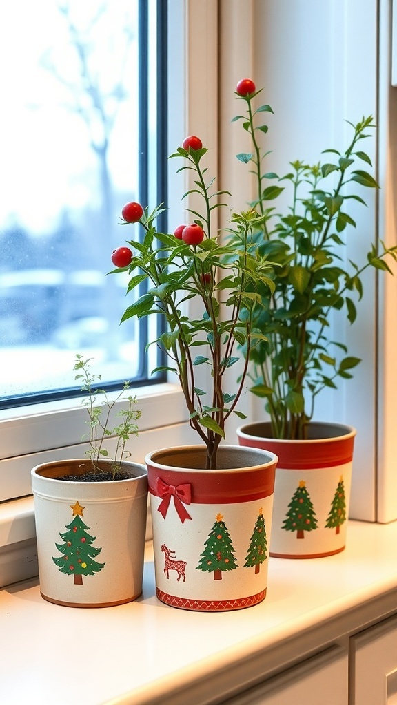 Festively decorated herb planters with Christmas designs on a kitchen windowsill.