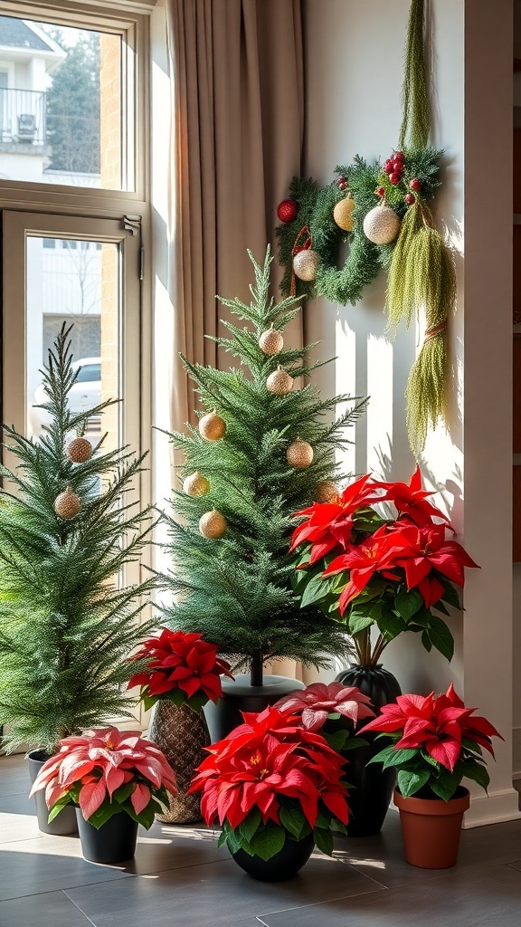 Indoor plants including vibrant red poinsettias and small evergreen trees decorated for Christmas.