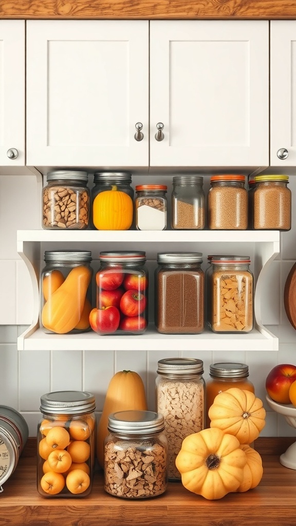 A cozy kitchen shelf filled with jars of seasonal ingredients like pumpkins, apples, and spices.