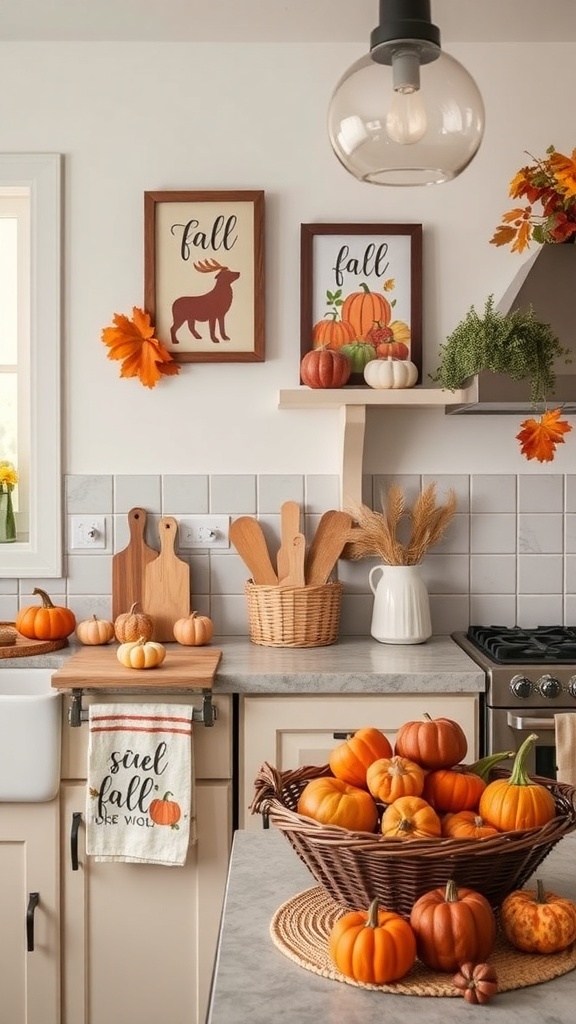 A cozy kitchen decorated for fall with pumpkins, autumn leaves, and seasonal wall art.